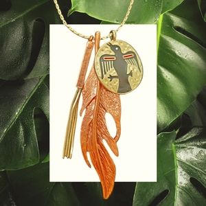 Native Am Thunderbird/Feather/Whip Charm Necklace